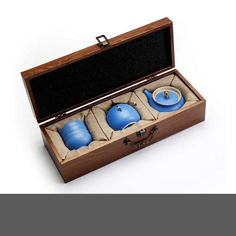 Ceramic Kung Fu Tea Set in elegant wooden gift box with blue teapot and cups
