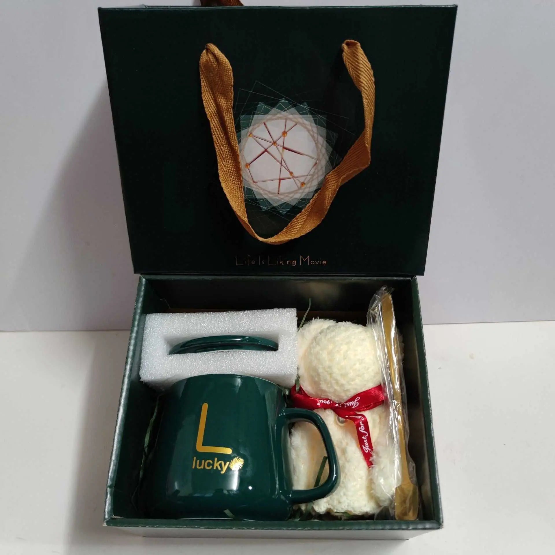 Ceramic cup gift box set with green letter print mug, spoon, towel, and gift packaging