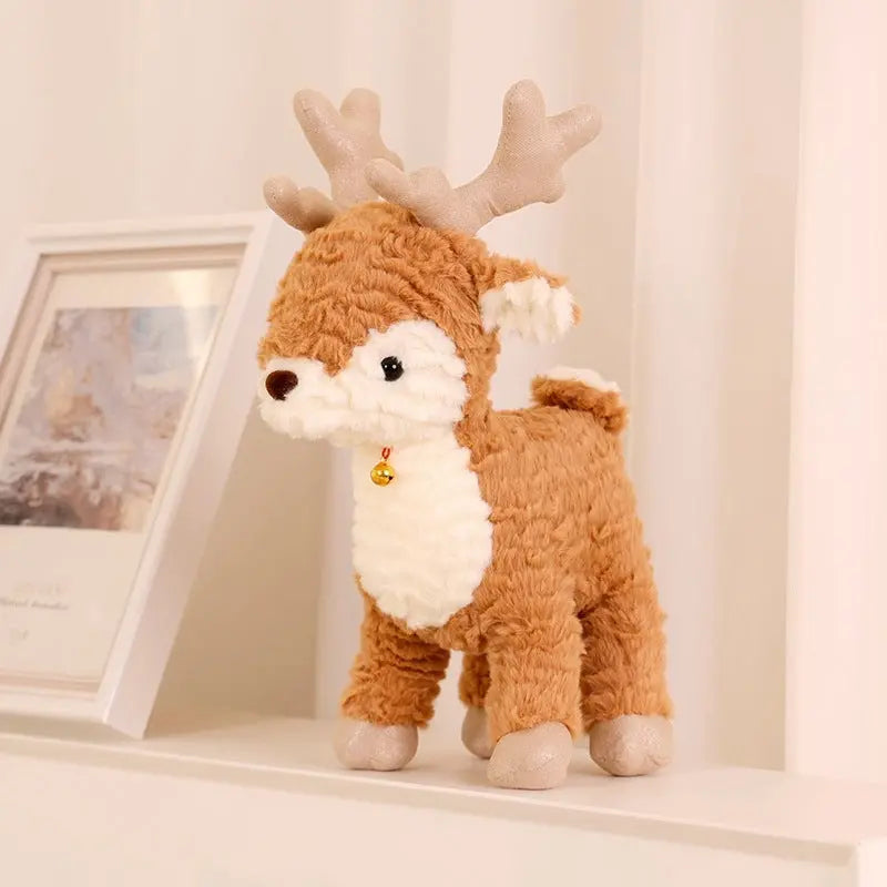 Soft plush reindeer toy with velvet fur and bell collar festive decor
