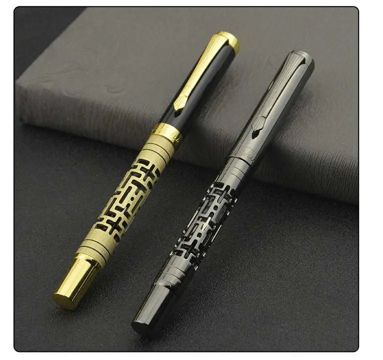 Luxury fountain pen with metal shell, iridium nib, and rotating ink supply in yellow bronze and obsidian finishes