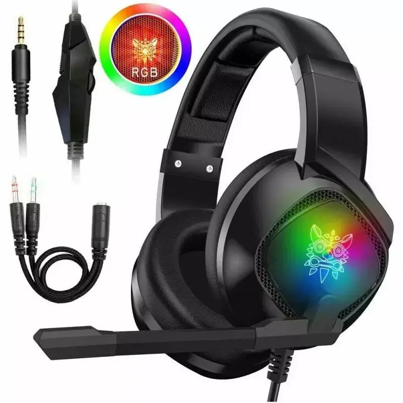 Black over-ear gaming headset for Xbox with RGB lighting, noise-cancelling mic, and 3.5mm connection