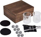 Luxury whisky glasses and granite stones set with wooden gift box, retro style drinkware with tongs and coasters