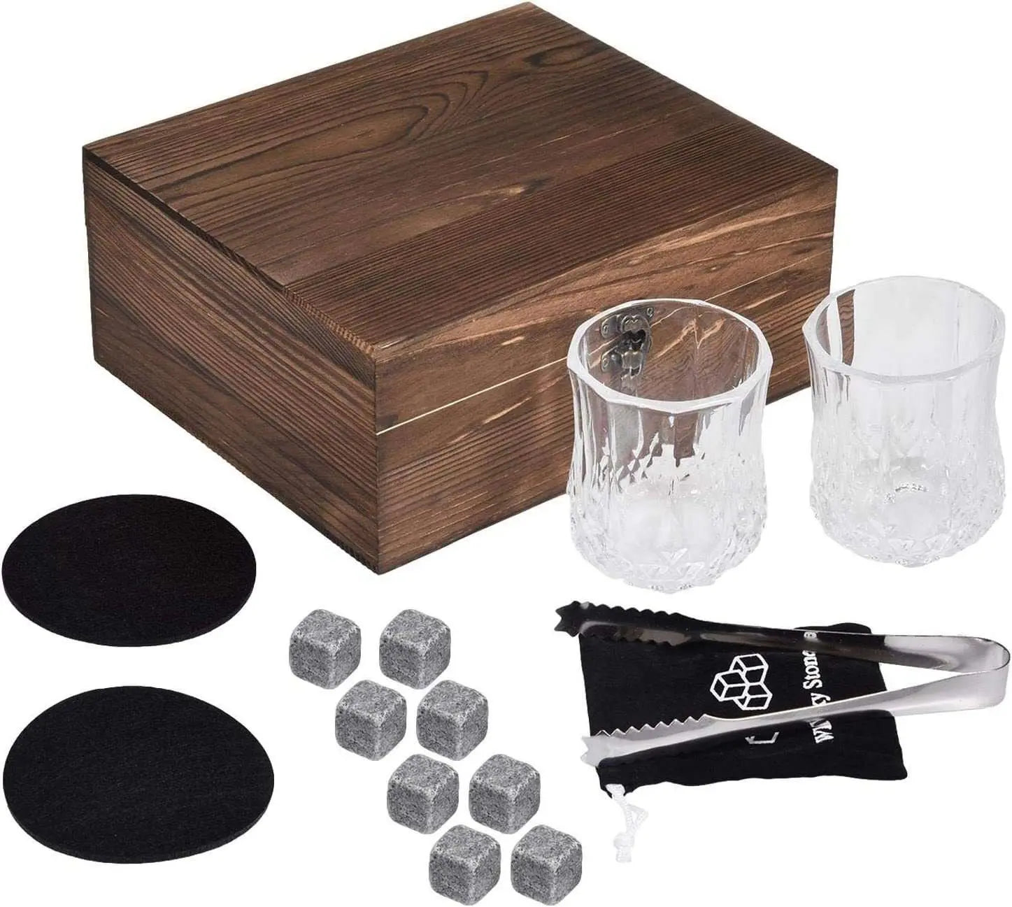 Luxury whisky glasses and granite stones set with wooden gift box, retro style drinkware with tongs and coasters