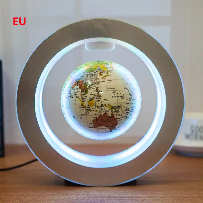 LED Floating Globe with magnetic levitation and LED illumination in a modern circular frame showcasing a rotating world map.