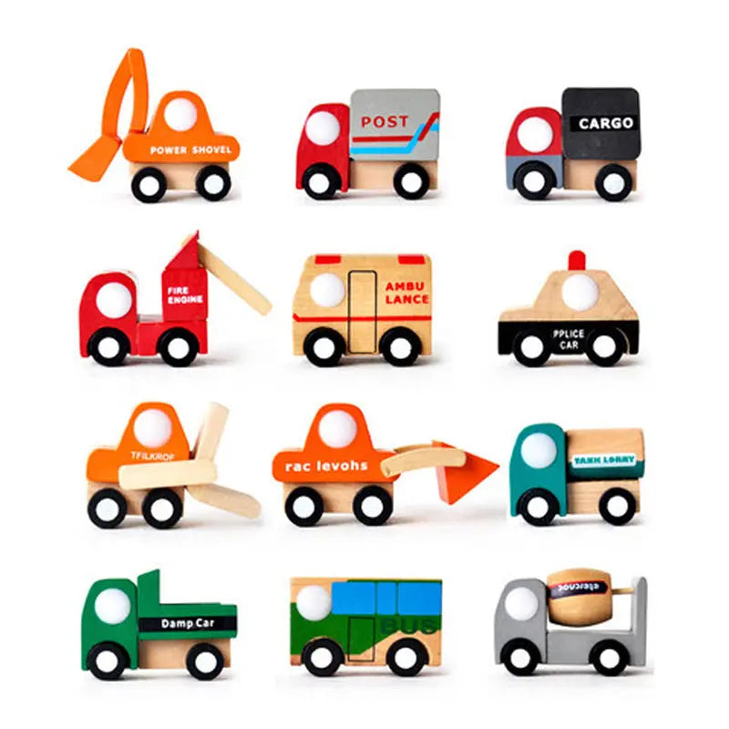 Set of colorful wooden toy vehicles on a white background