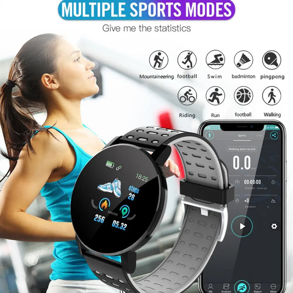 Bluetooth Smart Watch with fitness tracking and multiple sports modes display on round LED screen