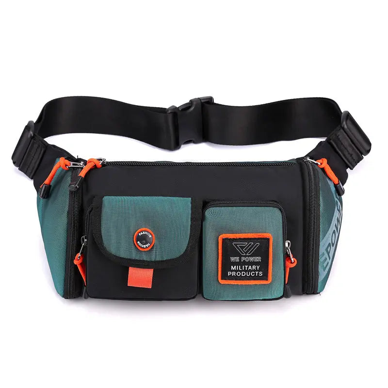 Black and green running waist bag with multiple zippered pockets and adjustable strap for outdoor sports and hiking