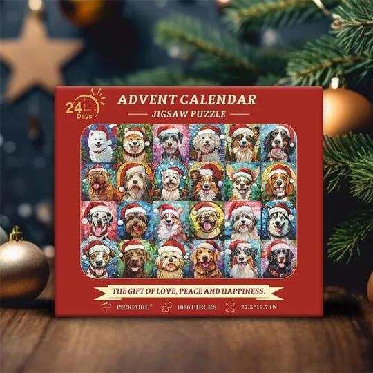 Christmas Advent Calendar jigsaw puzzle with dog illustrations, 1000 pieces, 33x24 cm box