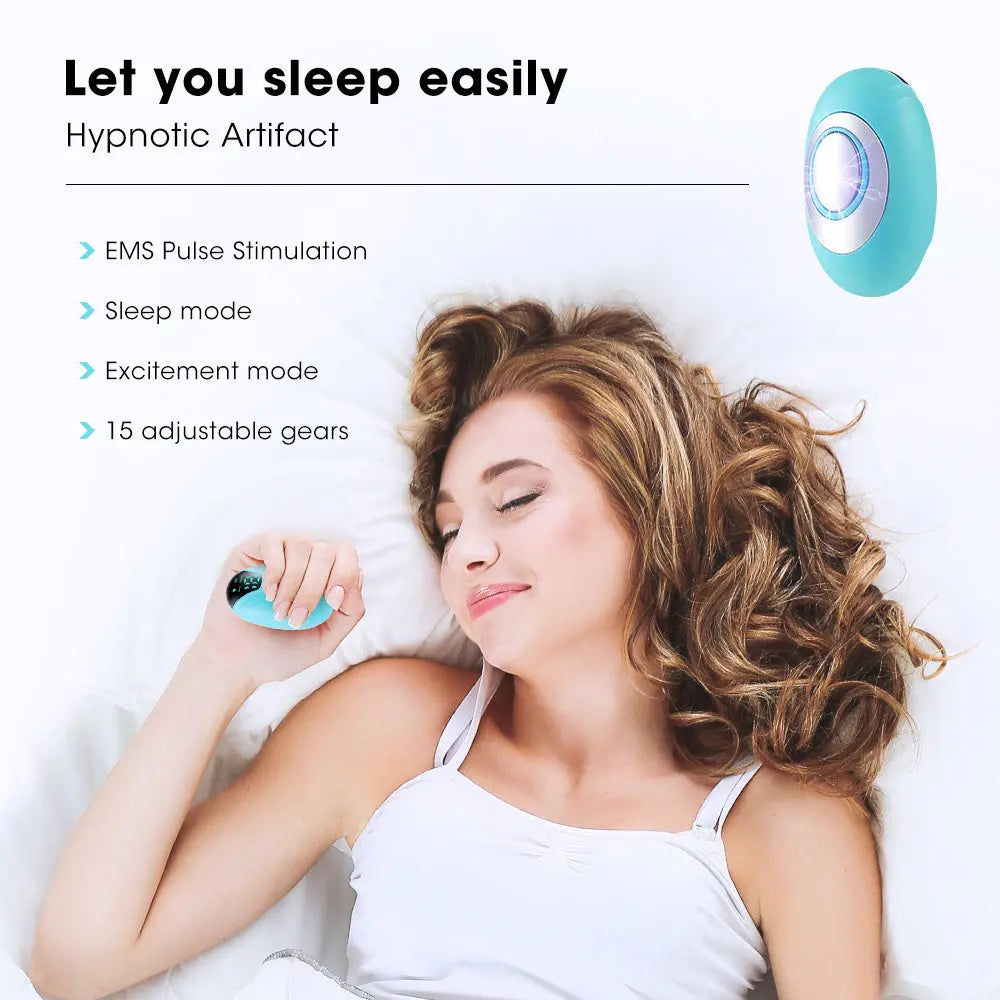 Sleep Aid Hand-held micro-current device for anxiety, depression, and insomnia relief with EMS pulse stimulation and adjustable intensity.