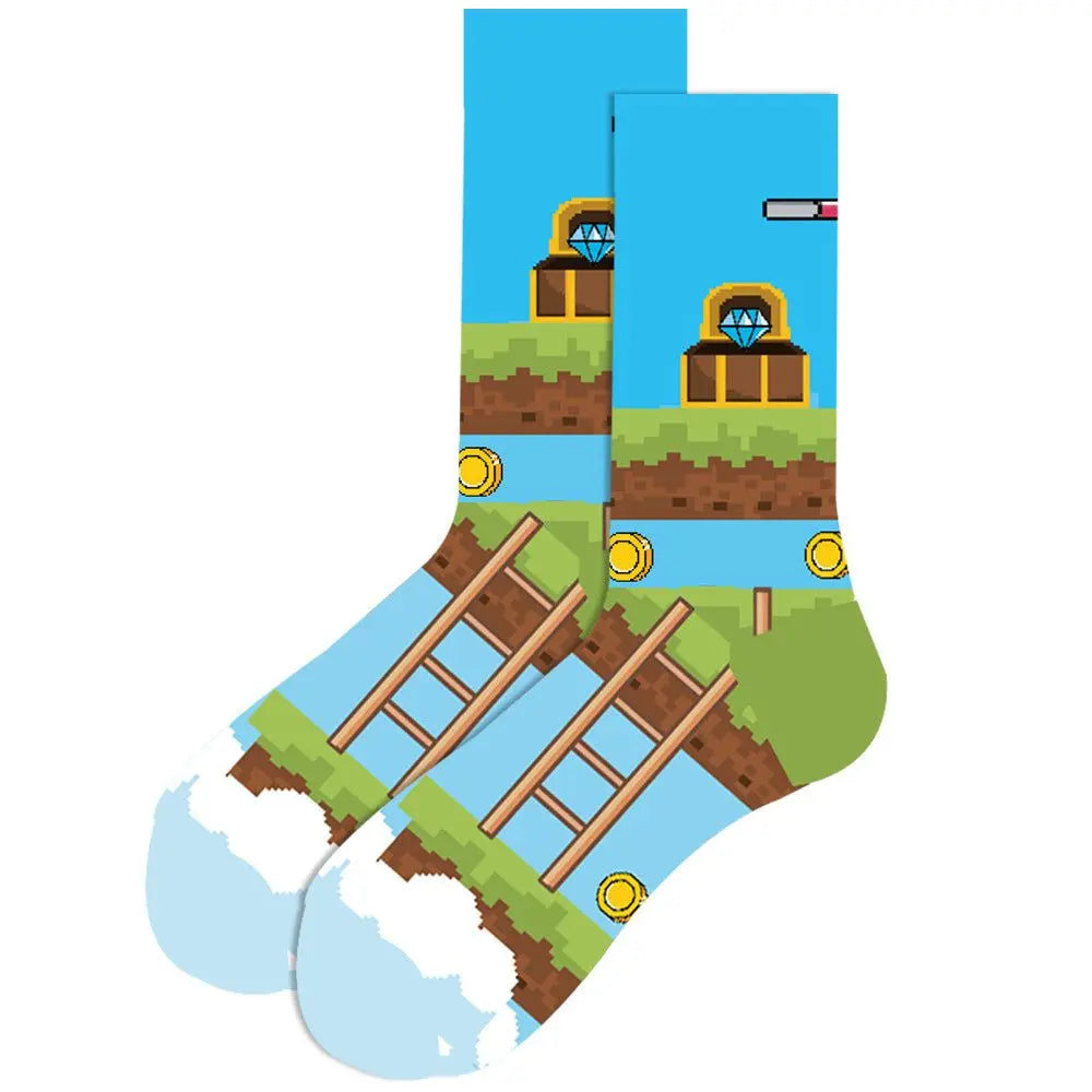 Pair of festive men’s cotton socks with playful pixel-style game design in blue, green, and brown tones