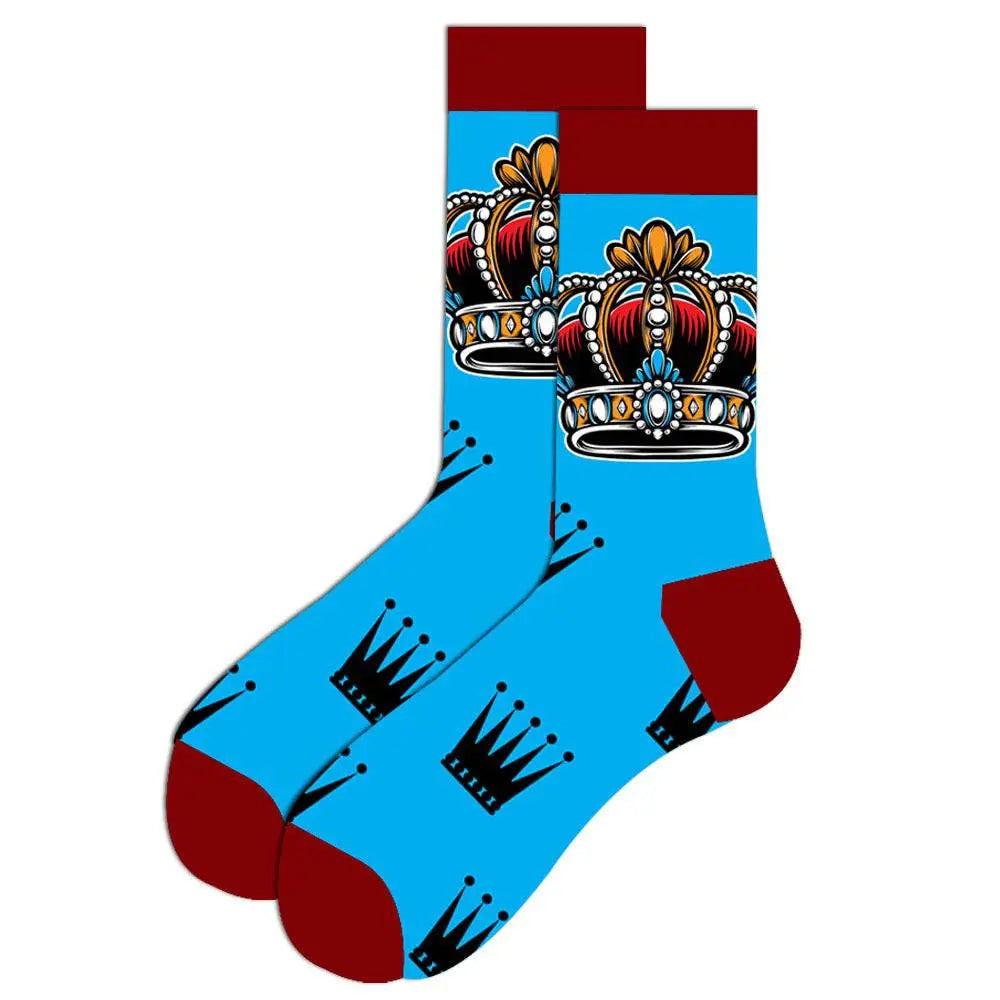 Festive men’s cotton socks with colorful crown design, mid-tube style, breathable and soft for holiday wear