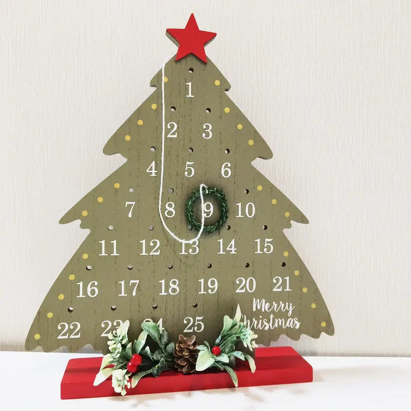 Christmas Wooden Advent Calendar tree-shaped wooden ornament with countdown numbers and festive decorations on red base