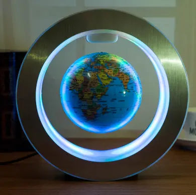 LED Floating Globe with magnetic levitation and soft LED illumination in brushed silver frame