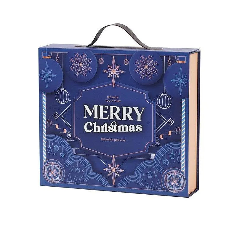 Blue gift box for 24 days advent calendar with Merry Christmas design and a handle