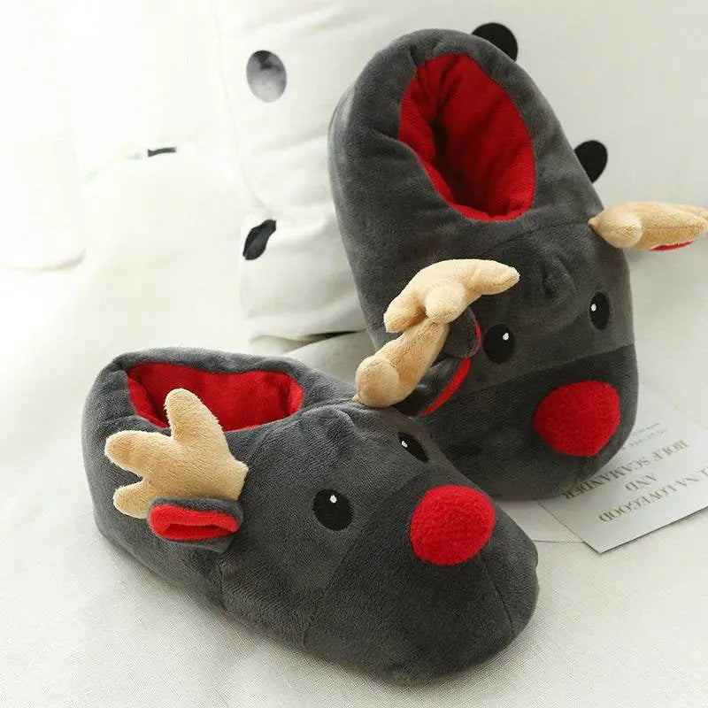 Christmas Elk Slippers in soft fleece with cute elk design, unisex cozy home footwear with non-slip sole