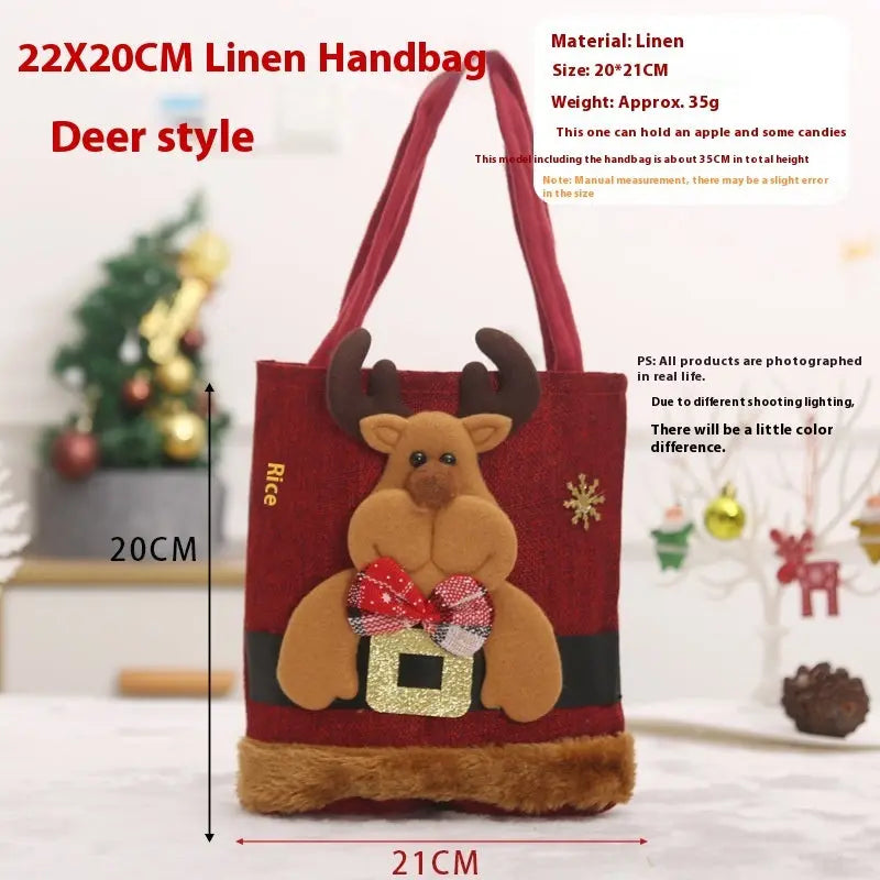 Christmas Gift Tote Bag with deer design, red linen fabric, 22x20 cm, festive holiday decoration, reusable eco-friendly cloth gift bag