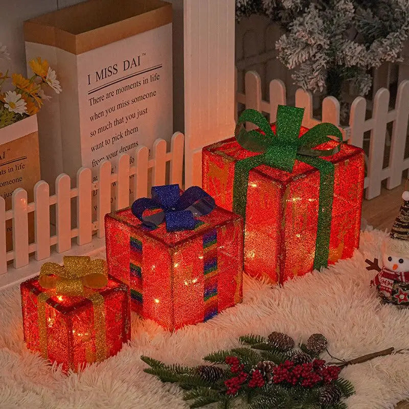 Set of 3 pre-lit Christmas gift boxes with glitter fabric and LED lights for indoor and outdoor holiday decor
