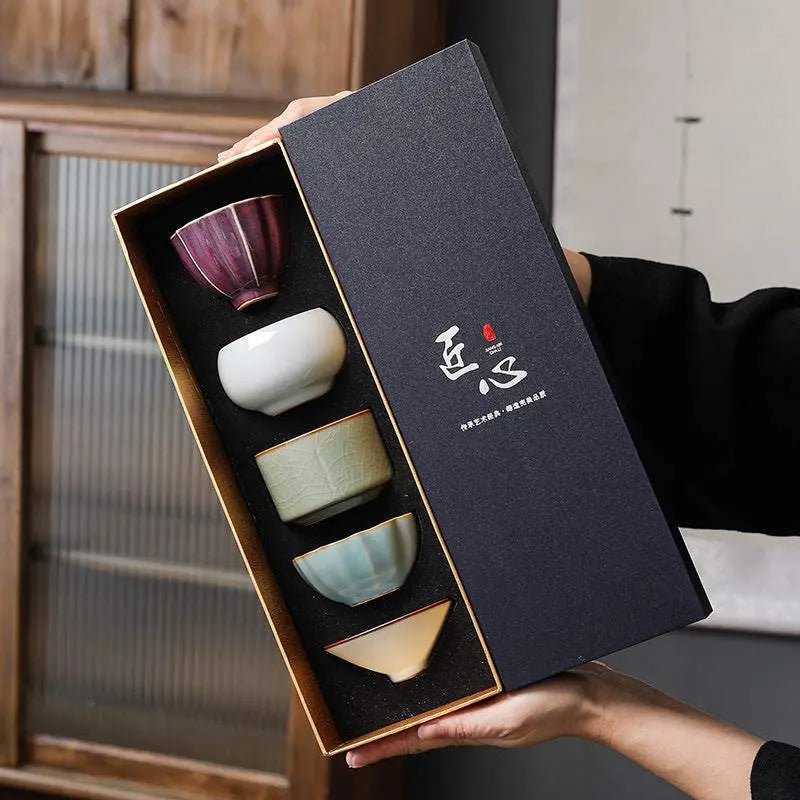 Traditional Chinese ceramic cup gift box with five kiln-style teacups in elegant packaging