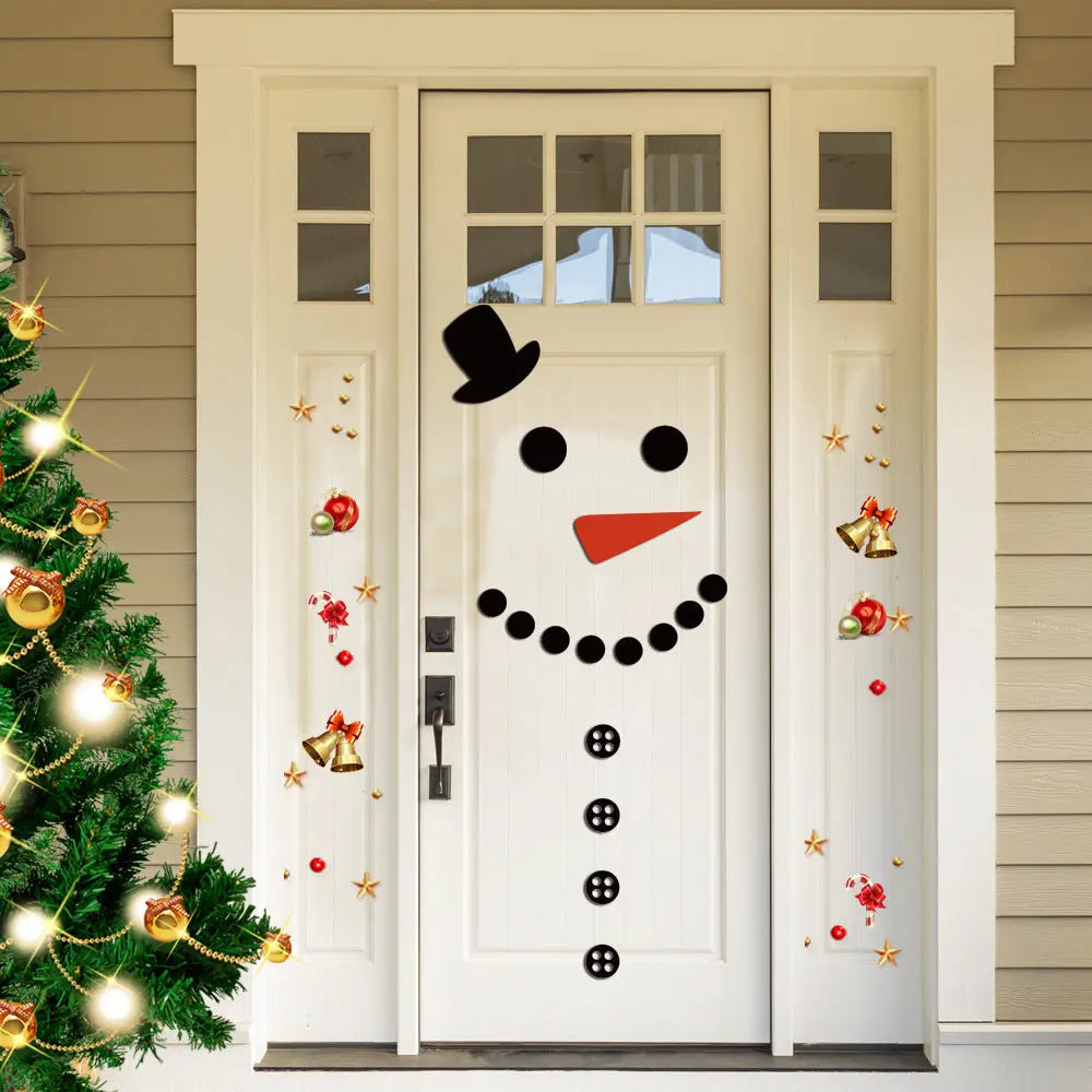 Christmas snowman sticker on white door with black hat, eyes, buttons, and orange carrot nose for holiday decoration