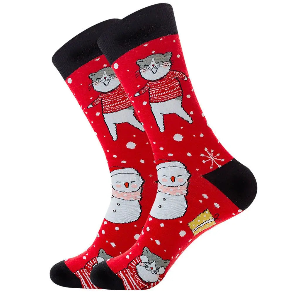 Festive men’s cotton mid-tube socks with Santa Claus and moose cartoon jacquard design in red and black colors