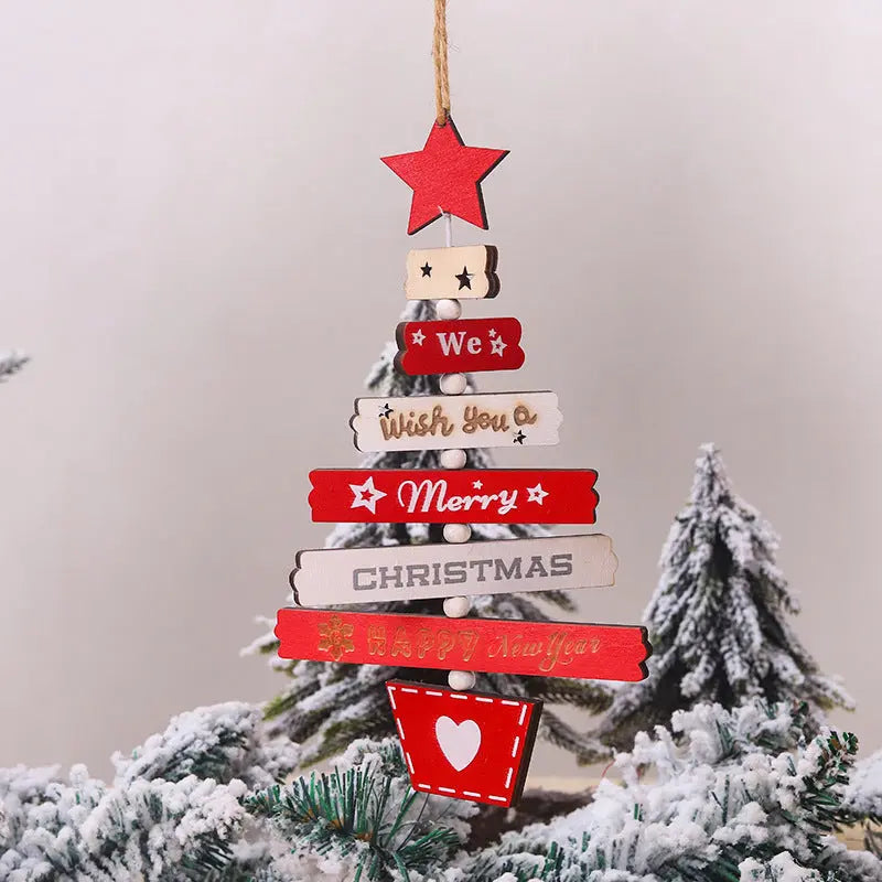Rustic wooden Christmas tree hanging decoration with red star and festive text ornament for holiday decor