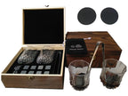 Luxury whisky glasses and granite stones set in wooden gift box for chilling drinks without dilution