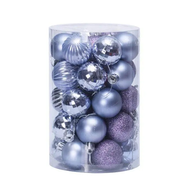 Set of 34 silver and purple 4cm Christmas ball ornaments in clear cylindrical container