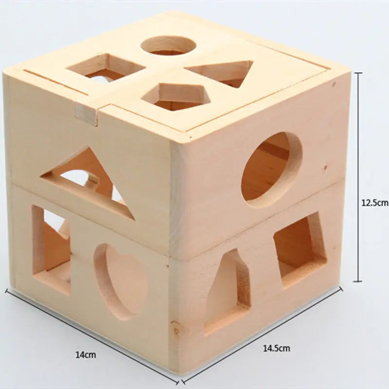 Wooden block with geometric holes and measurements on a white background