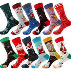 Set of festive men’s cotton socks featuring Santa Claus, moose, and holiday designs in mid-tube jacquard style