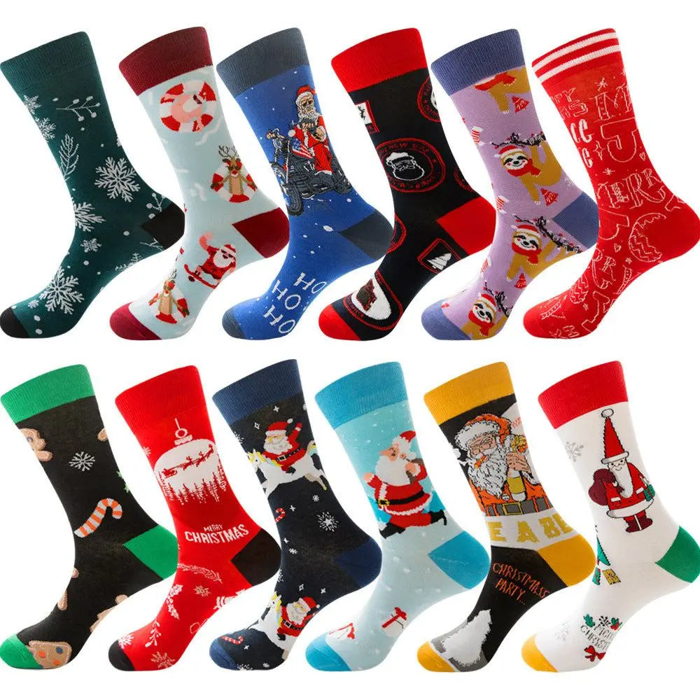 Set of festive men’s cotton socks featuring Santa Claus, moose, and holiday designs in mid-tube jacquard style