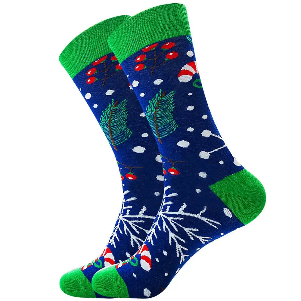 Festive men’s cotton socks with Santa Claus and moose jacquard design, mid-tube length, green accents.