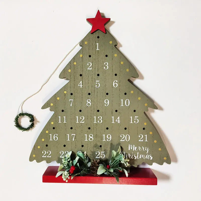Christmas Wooden Advent Calendar tree-shaped holiday ornament with numbered countdown holes and festive decorations on red base