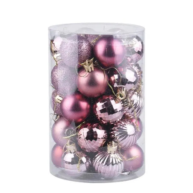 34-piece Christmas ball ornaments set in pink tones, 4cm diameter, plastic colorful tree decorations in clear cylindrical packaging