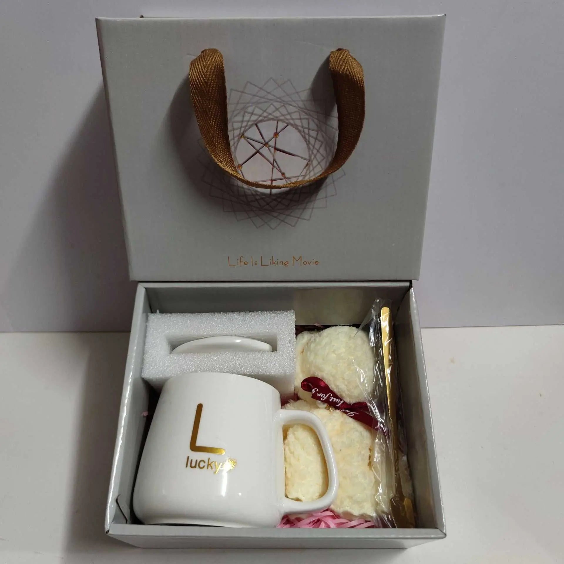 Ceramic cup gift box set with letter print mug, spoon, towel, and gift packaging