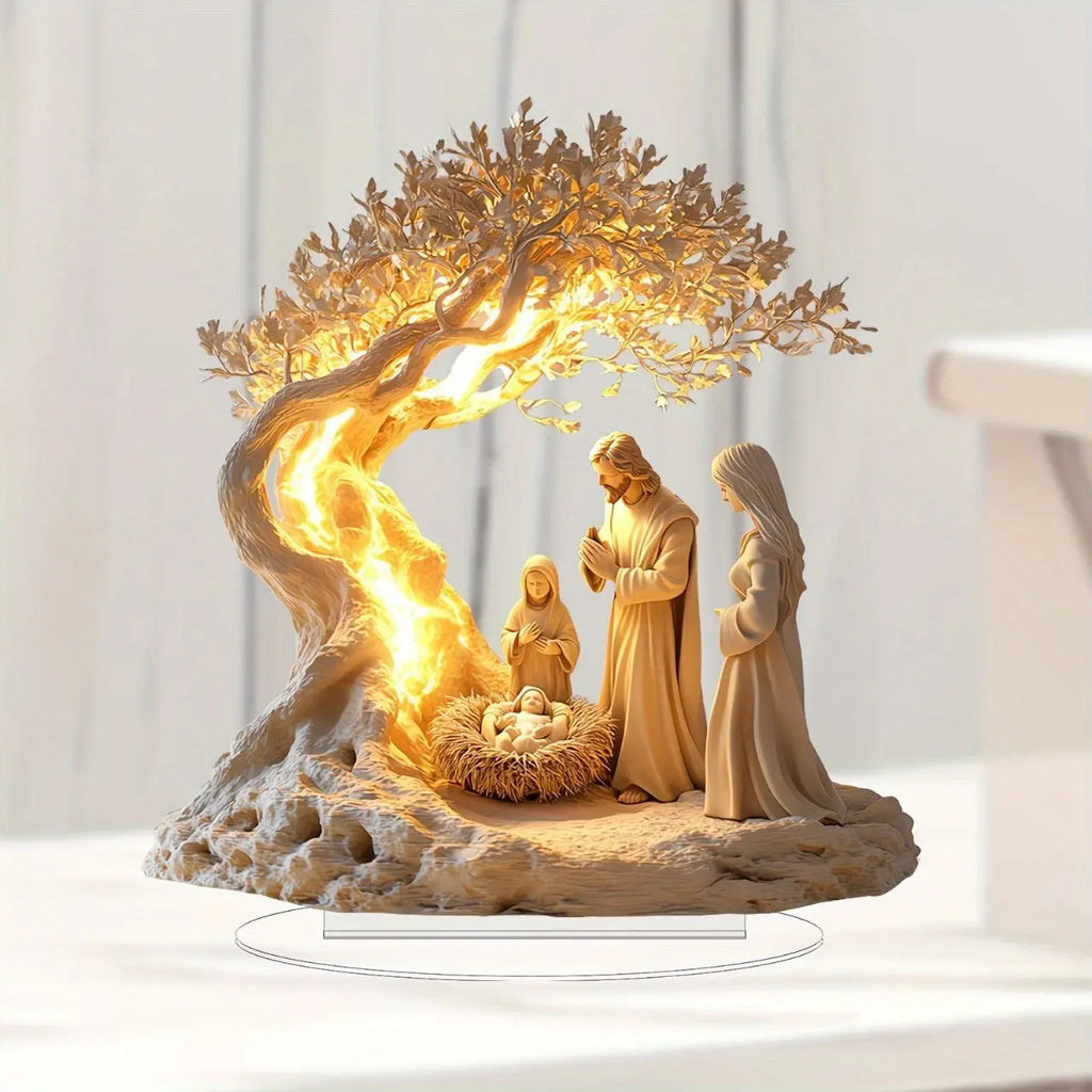 Jesus Tree of Life acrylic ornament with illuminated nativity scene and modern design