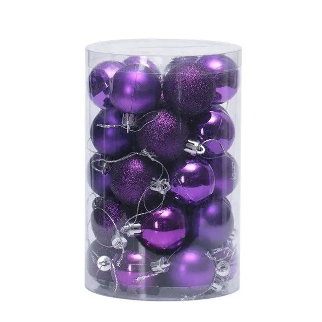 34-piece set of purple Christmas ball ornaments in a clear cylindrical container for tree decoration