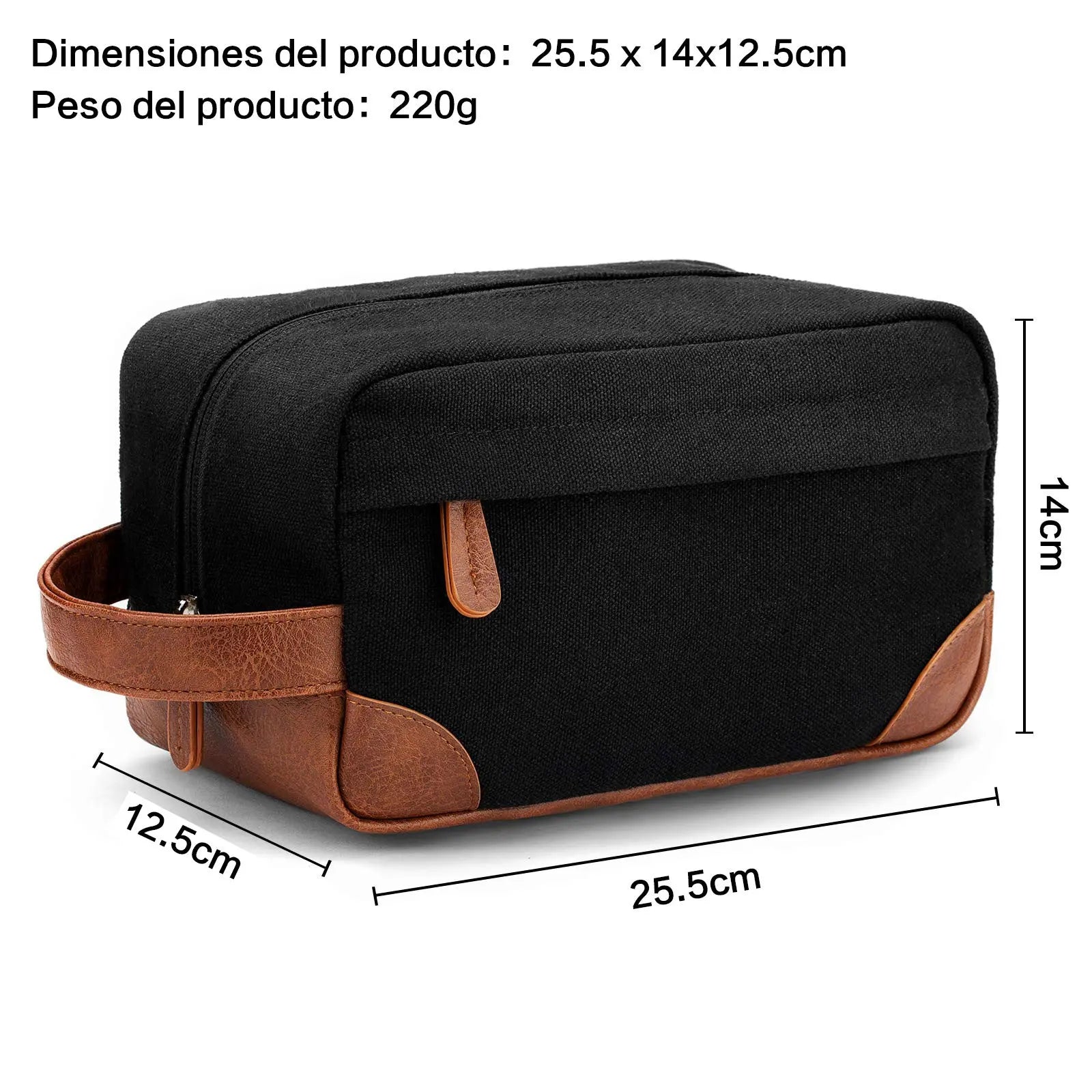 Black men's toiletry travel bag with large capacity and brown leather accents, measuring 25.5 x 14 x 12.5 cm.