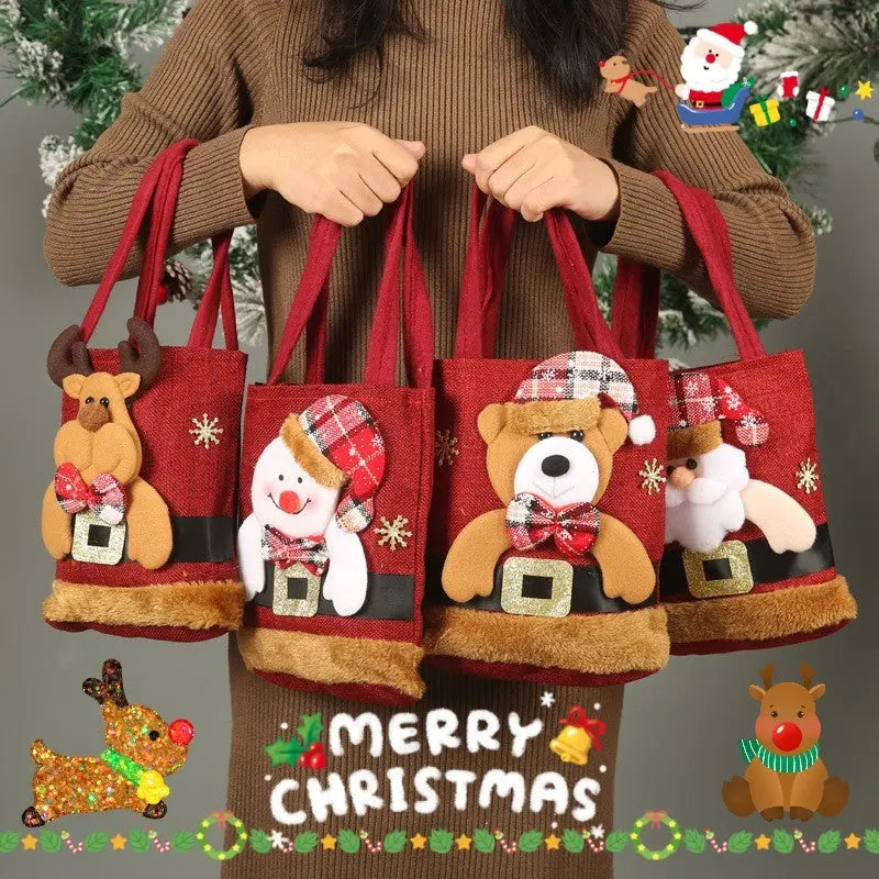 Christmas gift tote bags with Santa, Reindeer, Snowman, and Bear designs in red cloth, reusable and handcrafted for holiday gifting