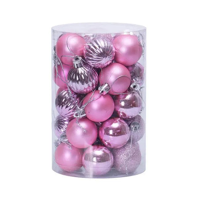 34-piece pink Christmas ball ornaments set in clear packaging for holiday decoration