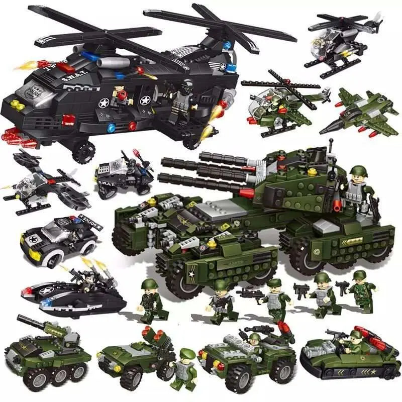 Mobile Police Station building block series with helicopters, tanks, vehicles, and 9 mini police figures in green and black colors