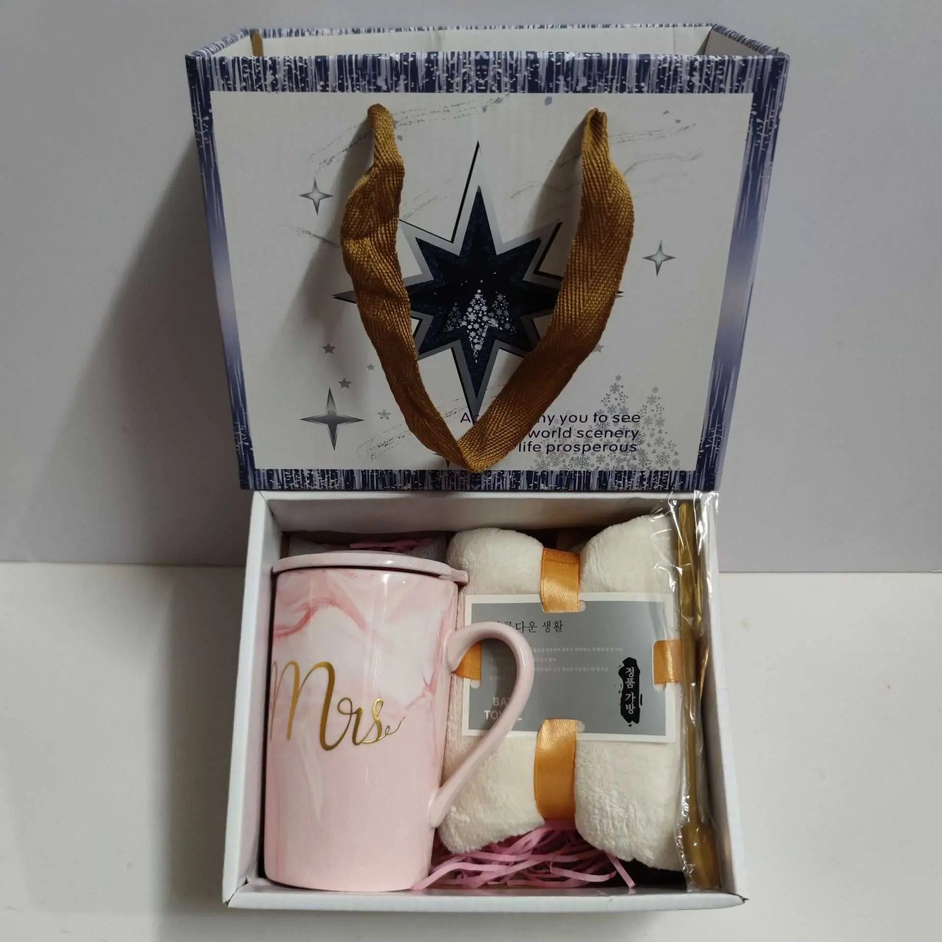 Ceramic cup gift box set with pink letter print mug, towel, spoon, and decorative gift packaging