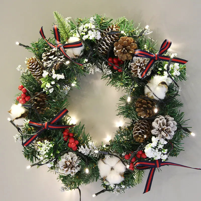 Handcrafted PVC Christmas wreath hanging decoration with pinecones, red berries, cotton, and LED lights, 30cm and 40cm sizes