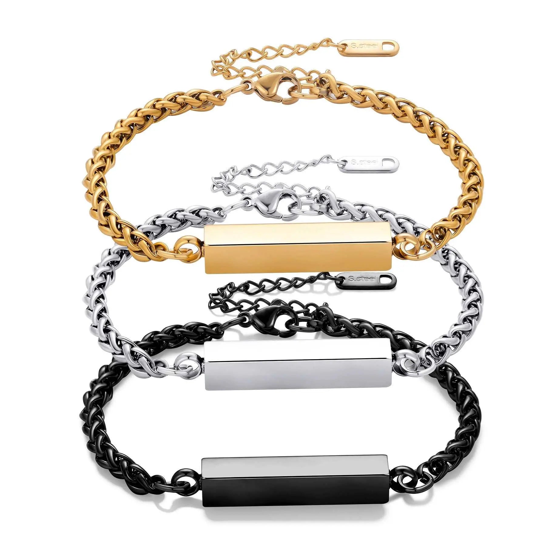 Stainless steel rectangular column bracelet in gold, silver, and black titanium steel with adjustable chain, unisex minimalist design.