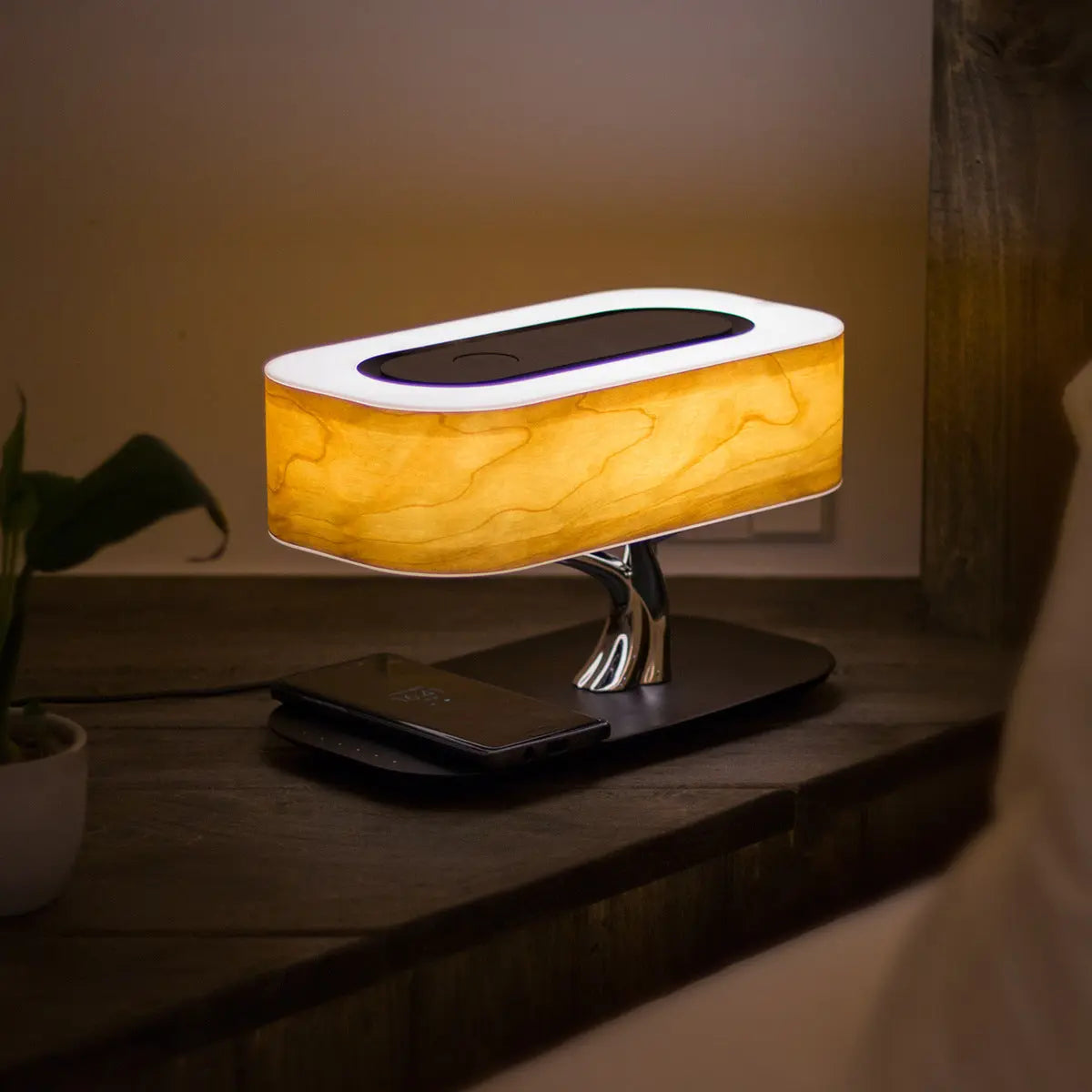 Tree of Life Table Lamp with Bluetooth speaker, wireless charging pad, and dimmable natural cherry wood finish light