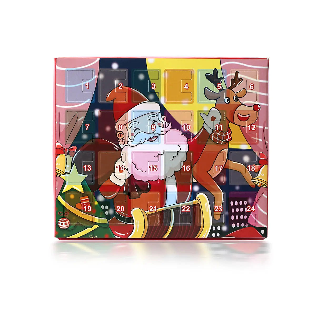 Children’s Christmas charm bracelet and necklace advent calendar with Santa and reindeer design, 24-day blind box jewelry set for kids.