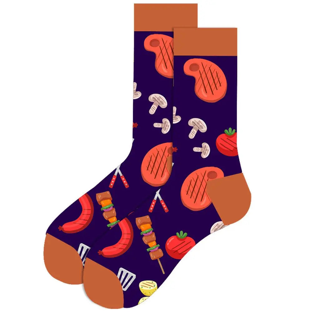 Festive men’s cotton socks with colorful Santa Claus and moose jacquard design, mid-tube length, breathable and soft fabric.