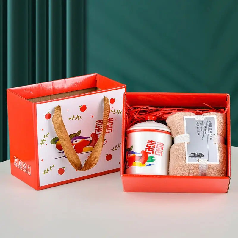 Ceramic cup gift box set with letter print mug, spoon, towel, and gift packaging in red box