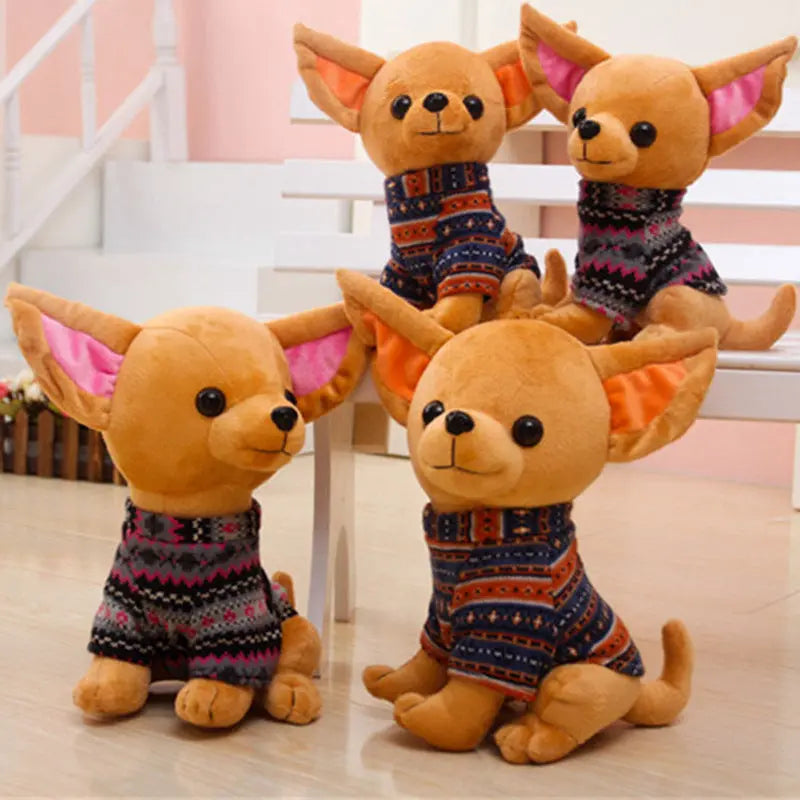 Adorable plush dog dolls wearing colorful sweaters, soft and cuddly pet toys
