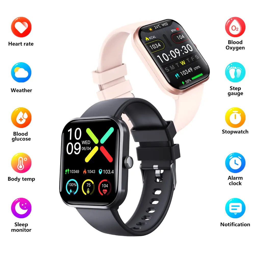 Smart Blood Sugar Glucose Monitor watch with heart rate, blood oxygen, body temp, sleep, step, and alarm features for diabetics