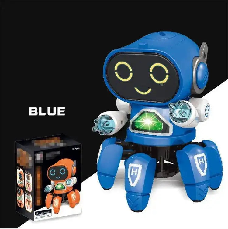 Blue toy robot with a black background and packaging.